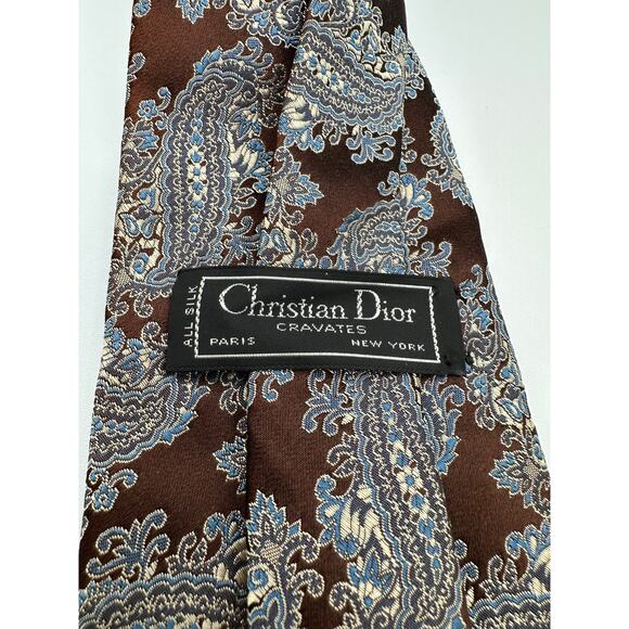 Vintage Christian Dior Silk Tie Floral Paisley Print Brown Ivory Office Designer - Picture 5 of 6